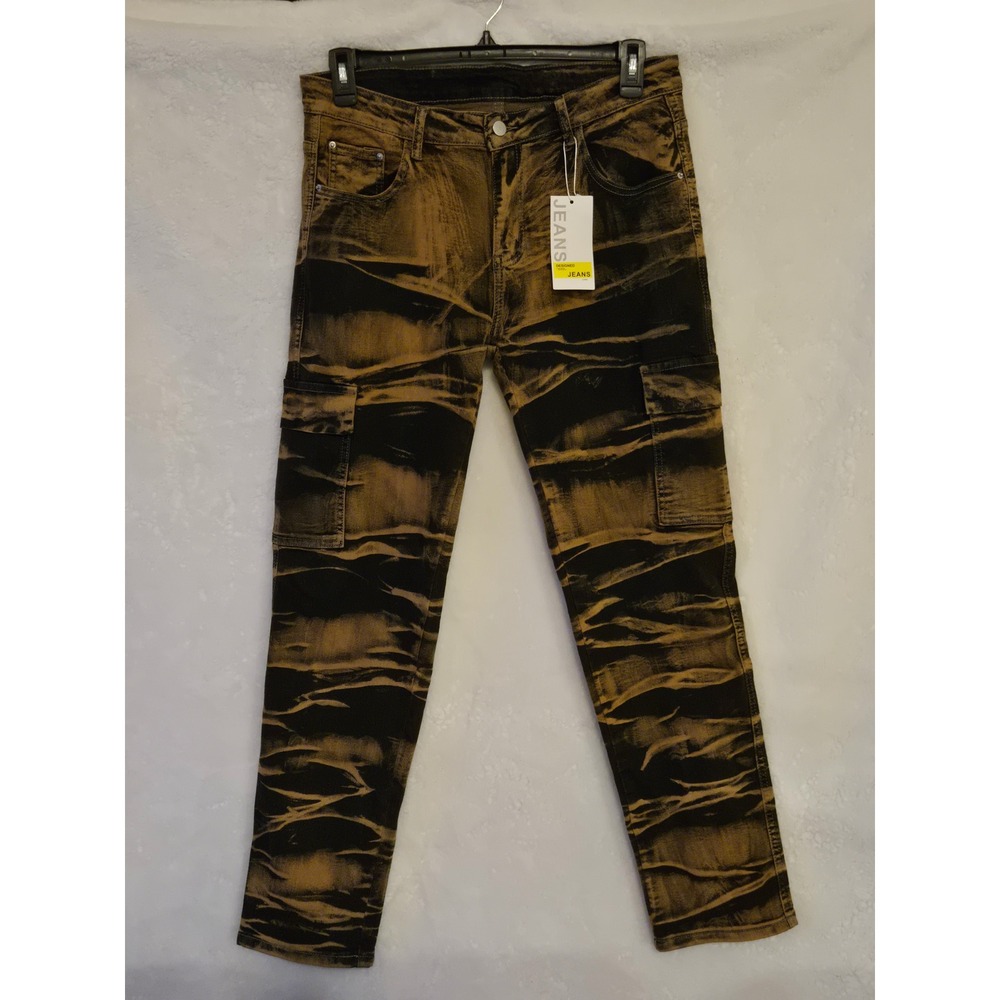Mens Cargo Jeans Size L 32×29 Distressed Brown Black Wash Denim Style 1968